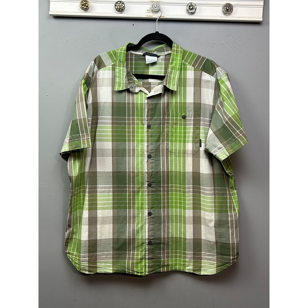 Columbia Button Up Shirt Mens XXL Green Plaid Short Sleeve Regular Fit Fishing